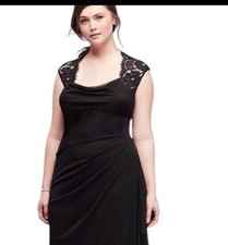 Xscape Black Lace Sheath Dress Cowl Neck Ruched Cap Sleeve Knee Length 14