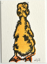 aceo original art by Emily Beck, linocut, watercolor, duckling 5, 3.5 x 2.5
