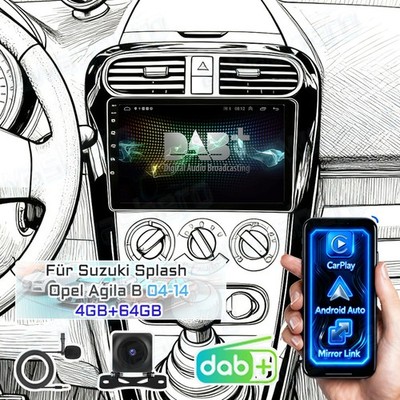DAB+ 4+64GB Android 15 Autoradio GPS FM Für Suzuki Splash Opel Agila B 2004-2014