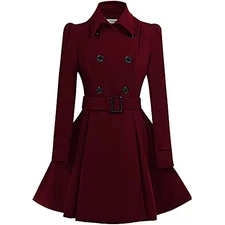 ForeMode Women Swing Double Breasted Wool Pea Coat - Belt Buckle, XL - WINE RED