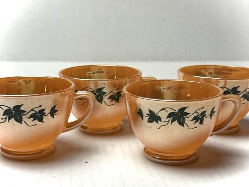 Vintage Four Anchor Hocking Fire King Peach Luster Ivy Cups Coffee Tea 1950s