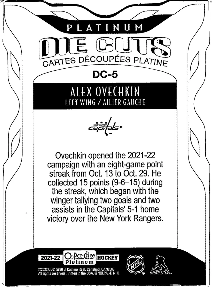 2021-22 O-Pee-Chee Platinum #DC-5 Alex Ovechkin - Platinum Die Cuts - Image 2 of 2
