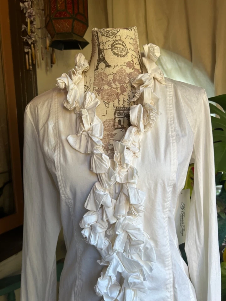 NUEVO Sexy Corsé Blanco Top Volantes Camisa Esmoquin Larga Pequeña Renacimiento Colleen López Foto 4 de 4