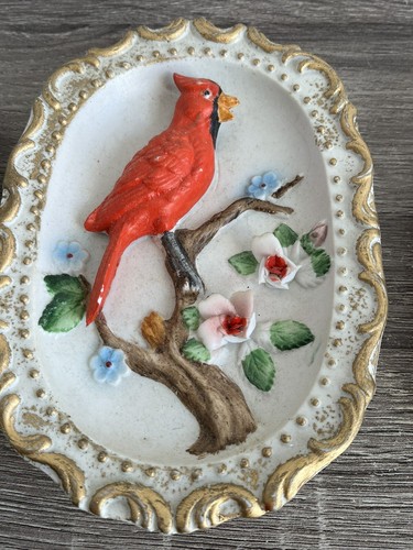 Vintage 3D Bird Trio Chalk Bisque Wall Plaques - set of 3 - Blue Bird, Cardinal, - Picture 4 of 8
