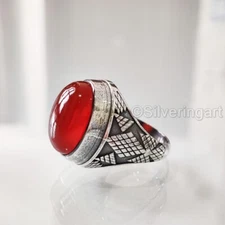 NATURAL CARNELIAN BIRTHSTONE SOLID 925 SILVER HEAVY CHRISTMAS OXIDIZED MENS RING