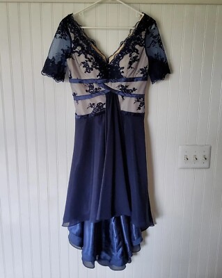 Izilady Formal Dress SZ 8 Navy Blue Floral Overlay Fitted Asymmetrical Hem  | eBay
