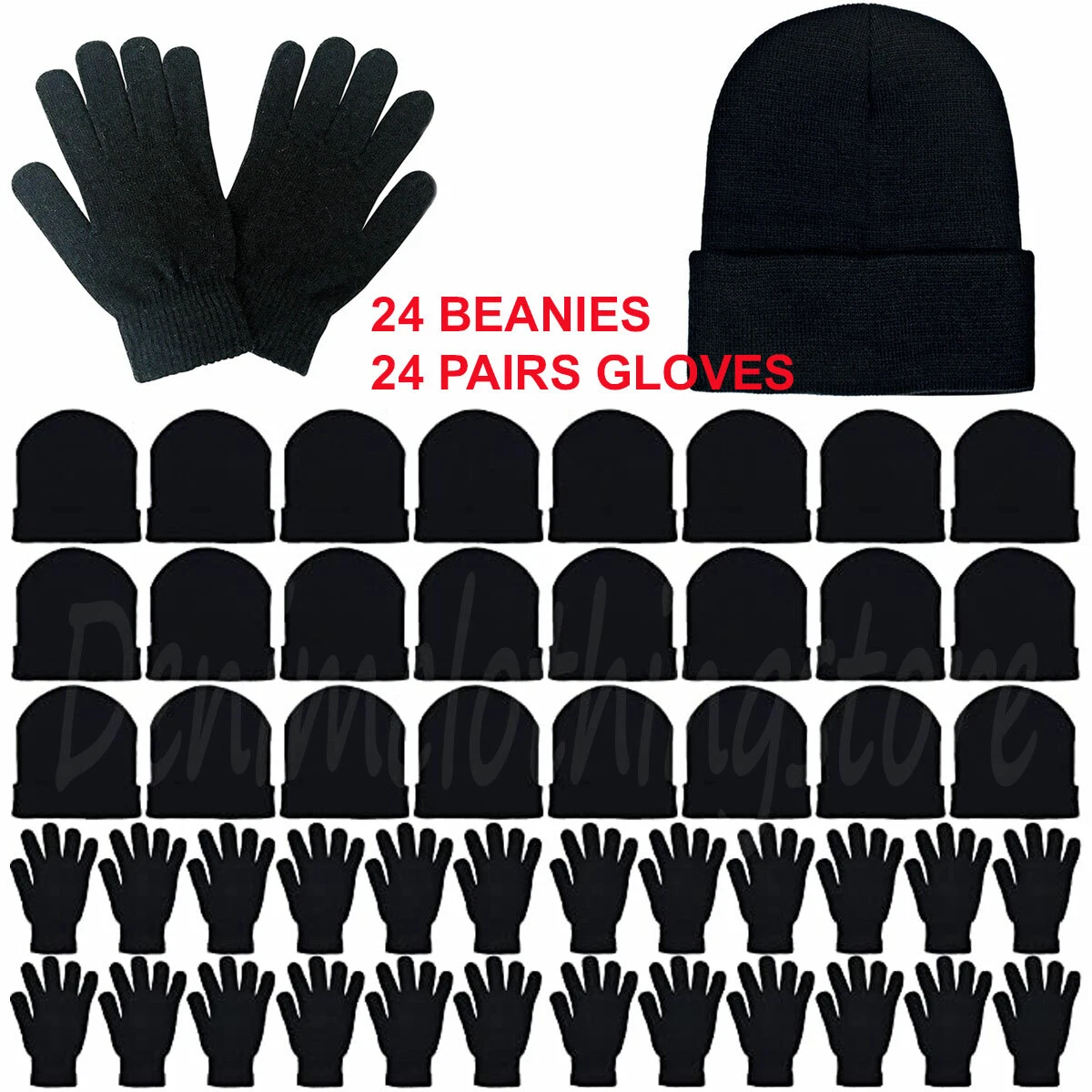 48 Black Winter Beanies & Gloves Combo Bulk Pack Men Women Cozy Wholesale Lots