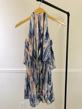 Blue Blush Tie Dye Pink Blue Multicolor Abstract Tie Halter Open Back Romper, S