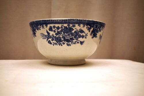 Vintage Bowl Adams & Co England Pottery Porcelain Blue White Floral Bird Scenery - Picture 2 of 9