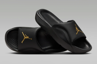 jordan sandals black and gold