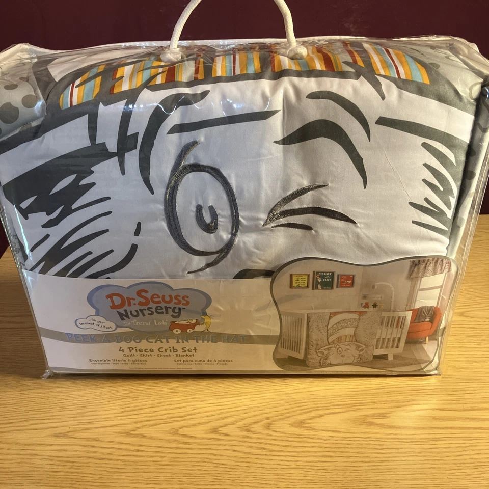 Dr. Seuss Nursery Cat In The Hat 4 Piece Crib Set Quilt Skirt Sheet Blanket - Image 4 of 4