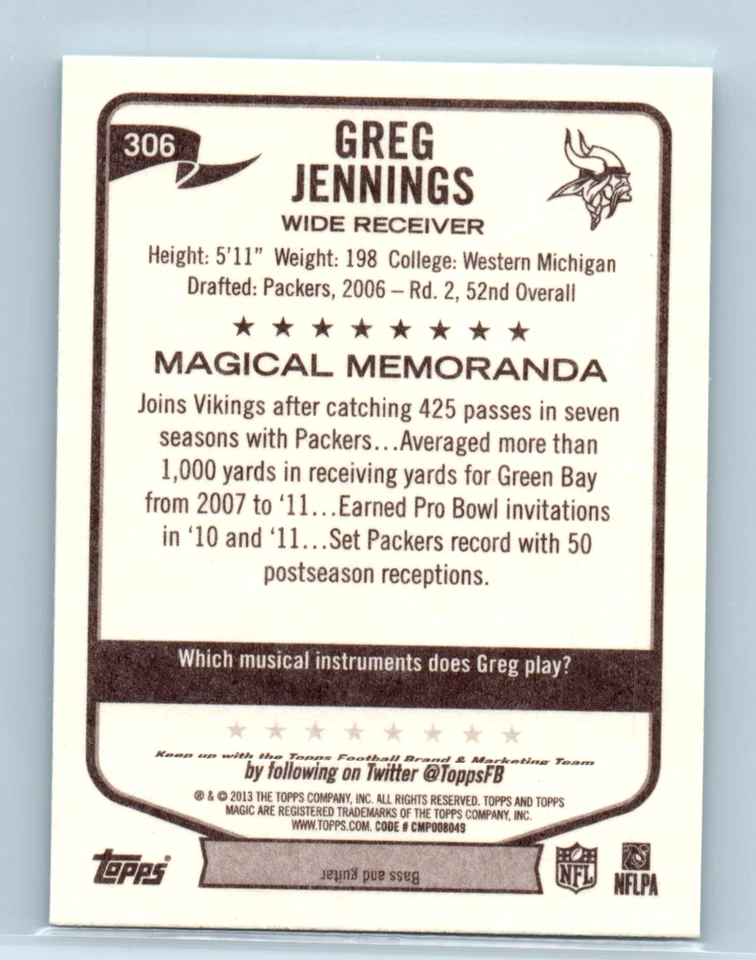 2013 Greg Jennings Topps Football Card #306 Magical Memoranda Vikings - Image 2 of 2