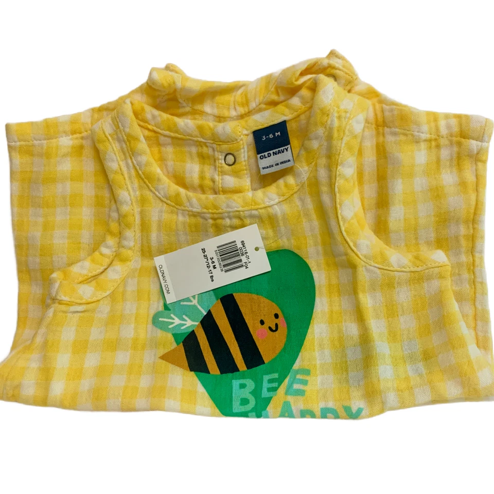 Mameluco Old Navy Bee Happy Baby talla 3-6 meses sin mangas amarillo guinga nuevo con etiquetas Foto 3 de 4