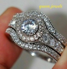 Lab-Created 3.25CT Round Cut Diamond Wedding Halo Trio Set 14K White Gold Finish