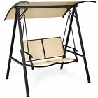 Outdoor 2-Seat Swing Loveseat with Canopy Patio Porch Steel Hanging Swing Beige