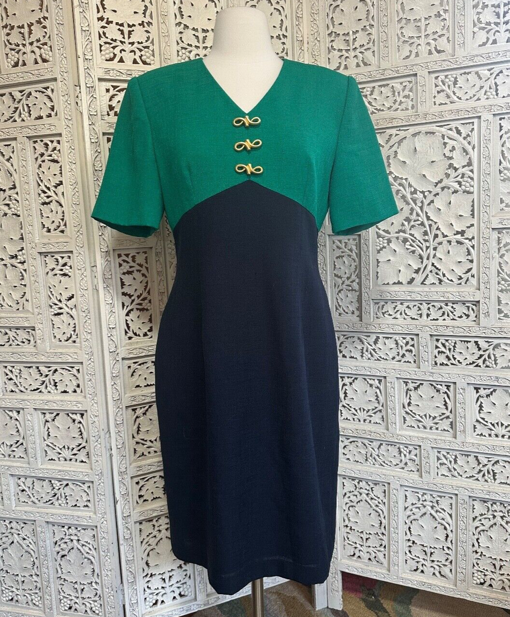 Vintage green and navy blue tailored old money dress size small | eBay