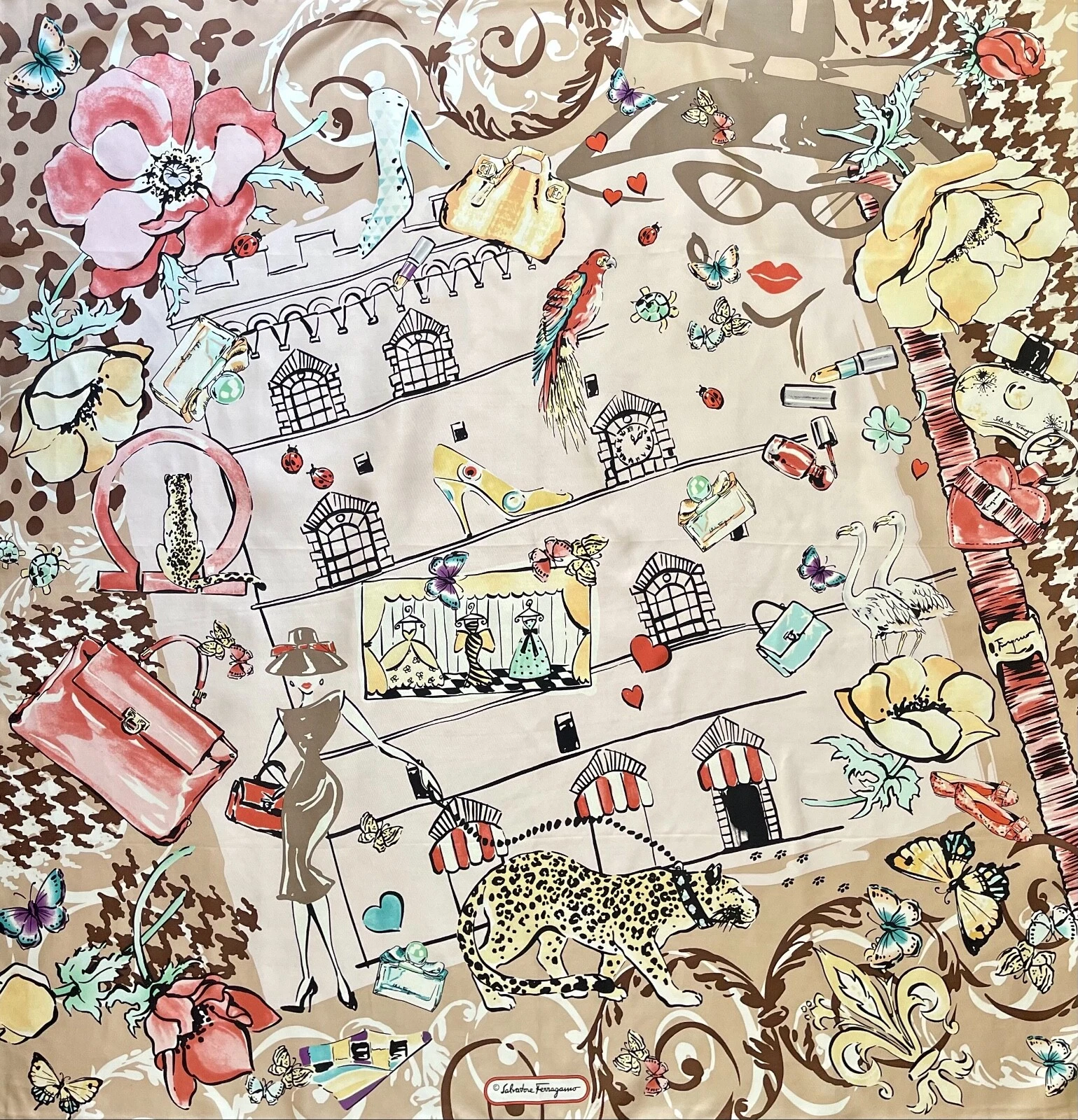 Unisex Salvatore Ferragamo Scarf Icons Beauty Animal Floral Beige Silk Wrap