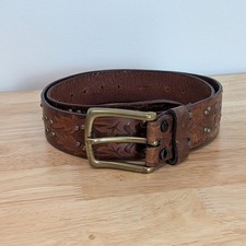 VTG Honest By Brighton Embossed Embellished Leather Belt Brass 36" Western Boho