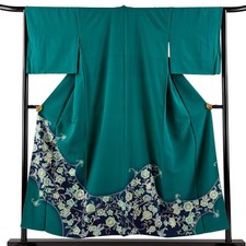 Japanese Silk Houmongi Kimono M 152cm Green Floral arabesque Masterpiece 5022827