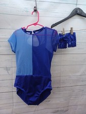 Weissman Blue Dance Leotard With Sequined Mittens Sz MC Child M Sequin