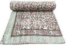 Vintage Kantha Quilt Hand Block Floral Print Bedspread Bohemian Throw King