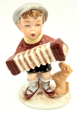 WAGNER AND APEL W&A Porcelain BOY W/ ACCORDION + DOG Figurine Vtg 1930s 1940s B