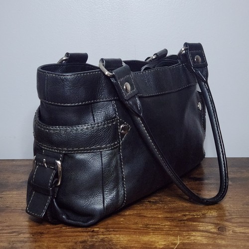 Vintage Fossil Black Leather Multi-Pocket Shoulder Bag Y2K Satchel Top Stitch, $59.85 - Photo 2