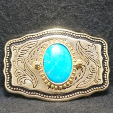 WJ09110 NOS VINTAGE 1970s  BLUE STONE  UNISEX FASHION GOLDTONE BELT BUCKLE