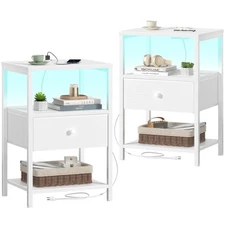 White Nightstands Set of 2, Bedroom Night Stand Set Two Nightstand with Charg...