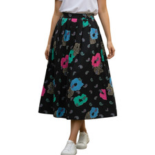 Vintage 80s 90s Midi Skirt Pleated 6 Black Paisley Floral Print Whimsigoth Boho