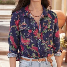Sundance Blue Bird Floral Joy Button Up Top Size XXL
