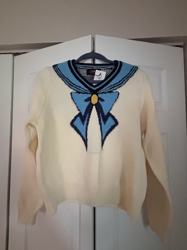 Cider Sweater Cream W/Blue Bow L/S Pullover Lg NWT