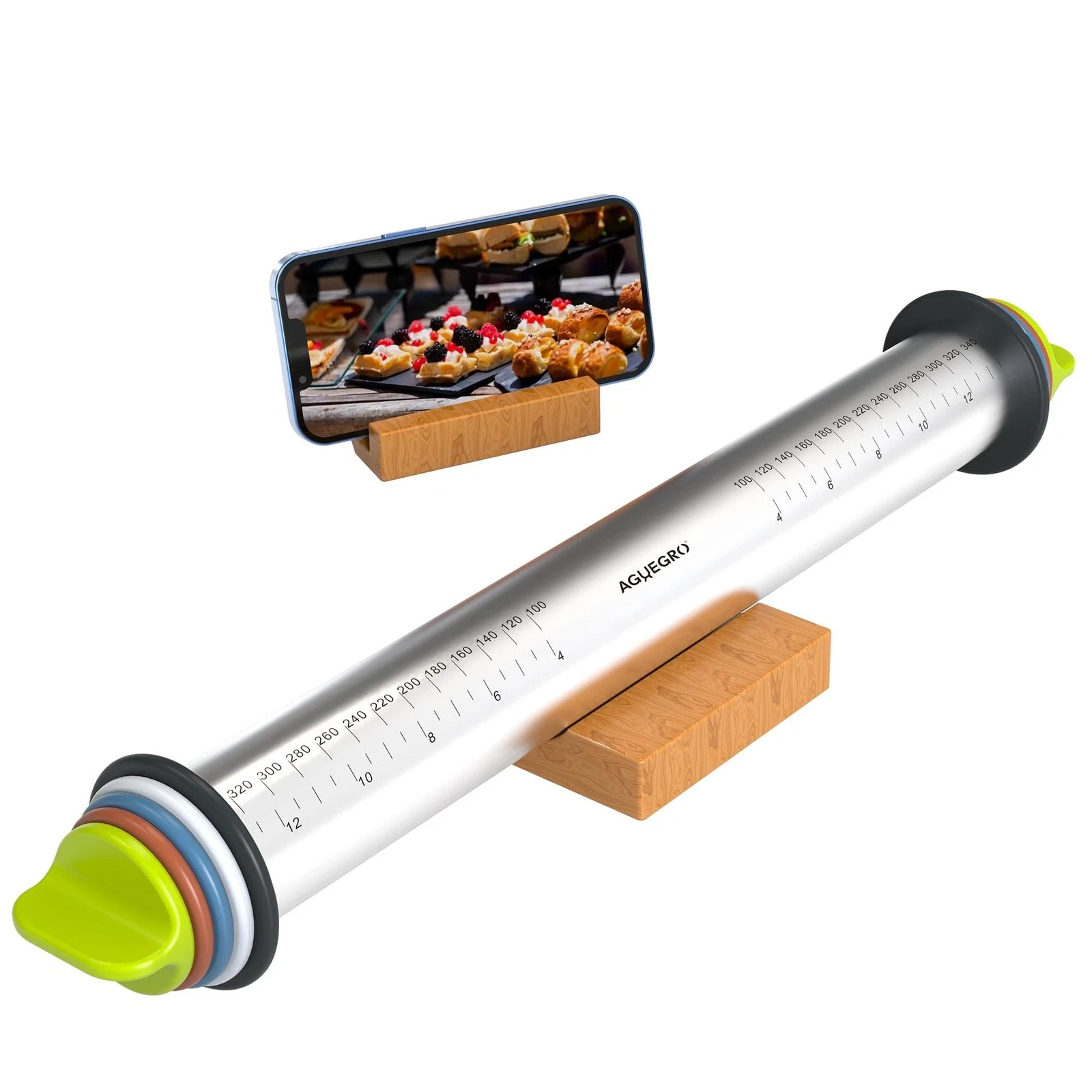 Stainless Steel Rolling Pin with Thickness Rings and Wooden Stand Dough Thick...