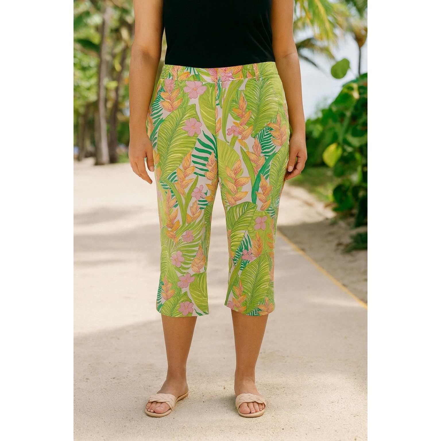 Lilly Pulitzer Capri Cropped Pants Size 12 Floral Tropical Green Pink