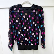 Vtg Womens Top Black Sheer Velvet Burnout Disco Polka Dot Multicolor Party Lam