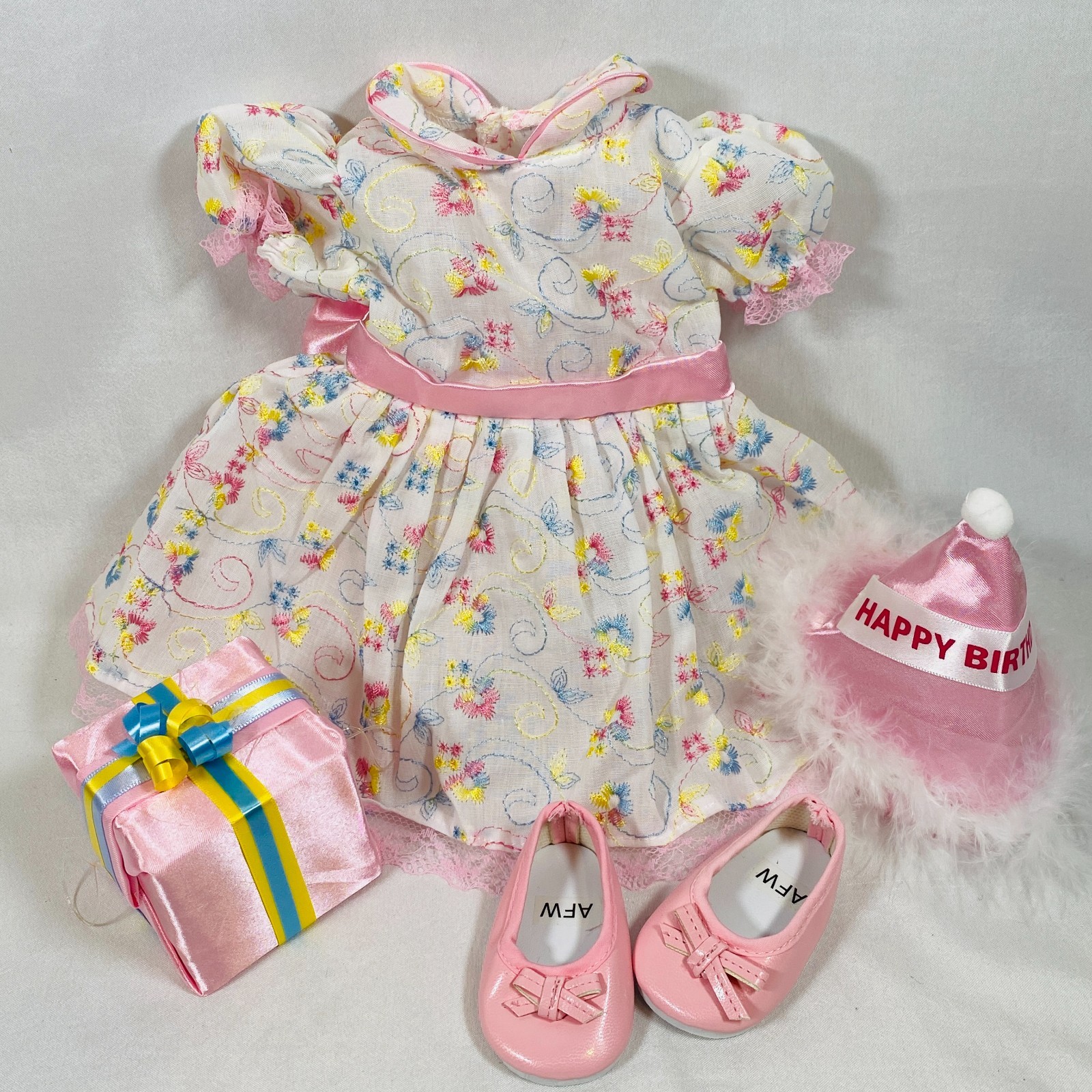 Birthday Party Dress Outfit w/Gift, Hat, Shoes - Set for 18" American Girl Doll