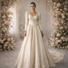 Vintage Unaltered Wedding Gown Cathedral Train Pearls Gold Thread Size 10