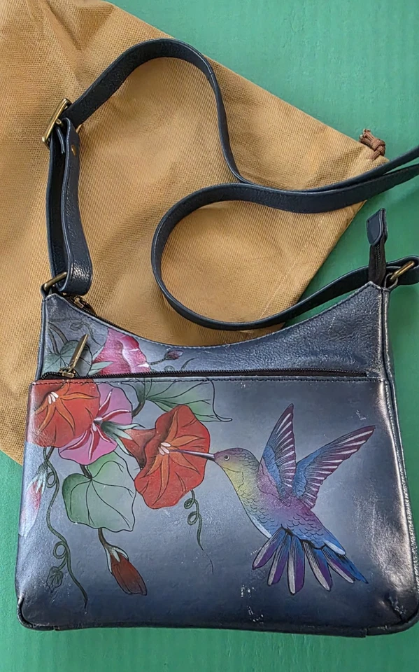 Bolsa de mão Anna by Anuschka bolso beija-flor azul usada boas flores  - Imagem 2 de 4
