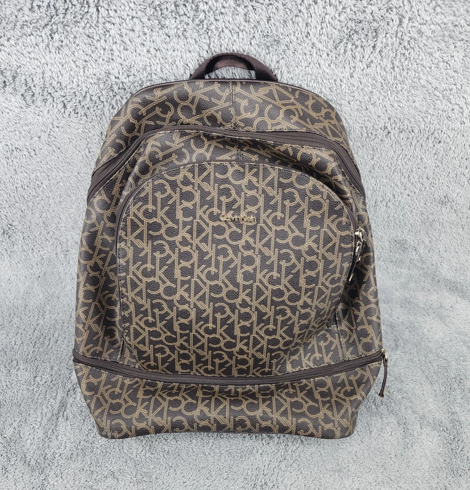 Calvin Klein Signature Backpack Brown Monogram Gold Logo Print Book Bag Womens - Image 2 of 4