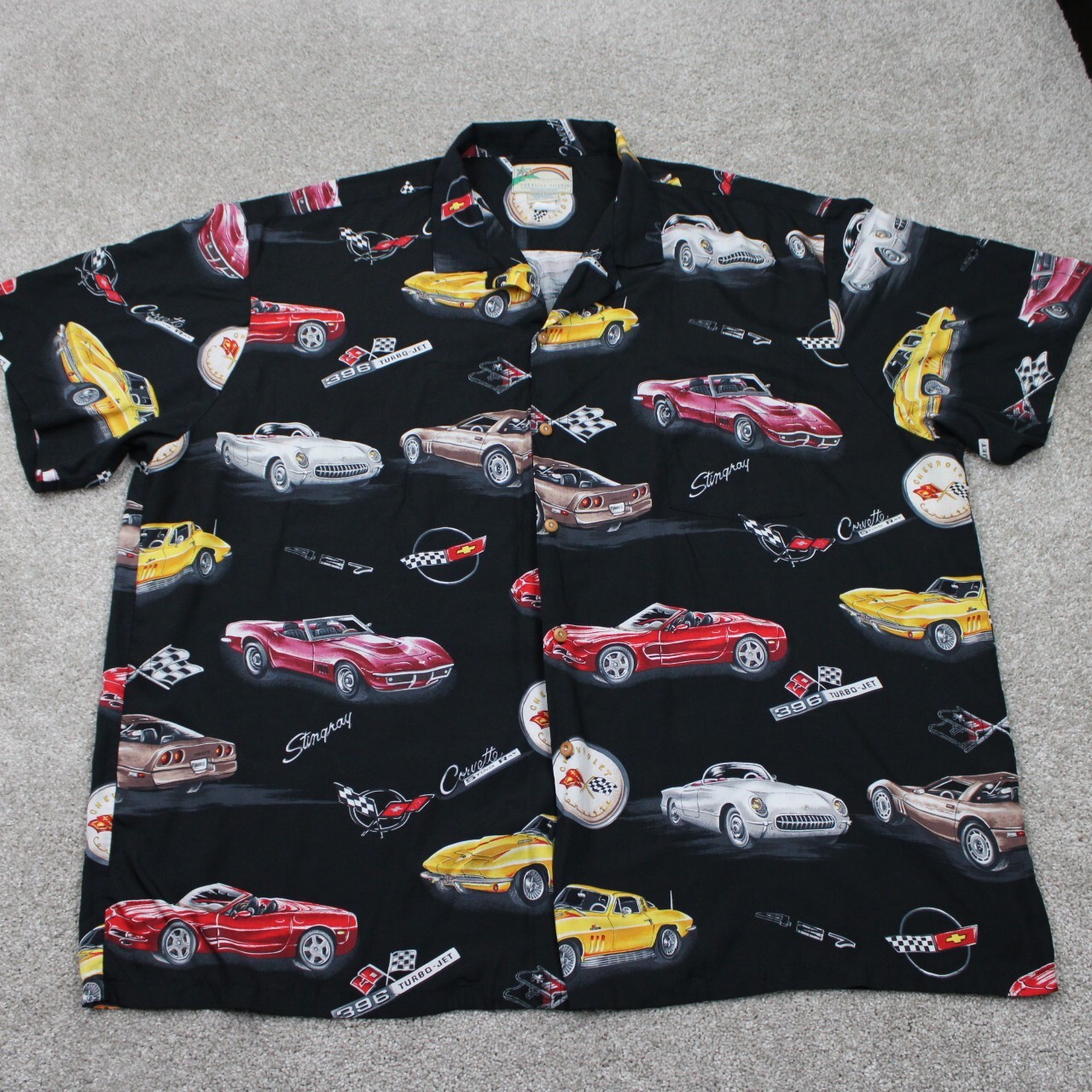 Paradise Found Hawaiian Shirt Mens 4XL Black GM Corvette Classic Cars S/S Rayon
