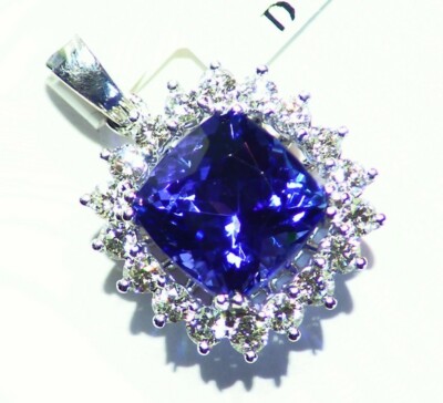 Vintage 4,79 kt 14 K Gold natürlicher Schliff Tansanit Diamant Halo Verlobungshalskette 