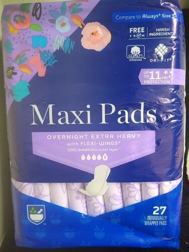 Always Maxi Pads with Wings, Size 5, Extra Heavy Overnight Absorbency, 27 CT