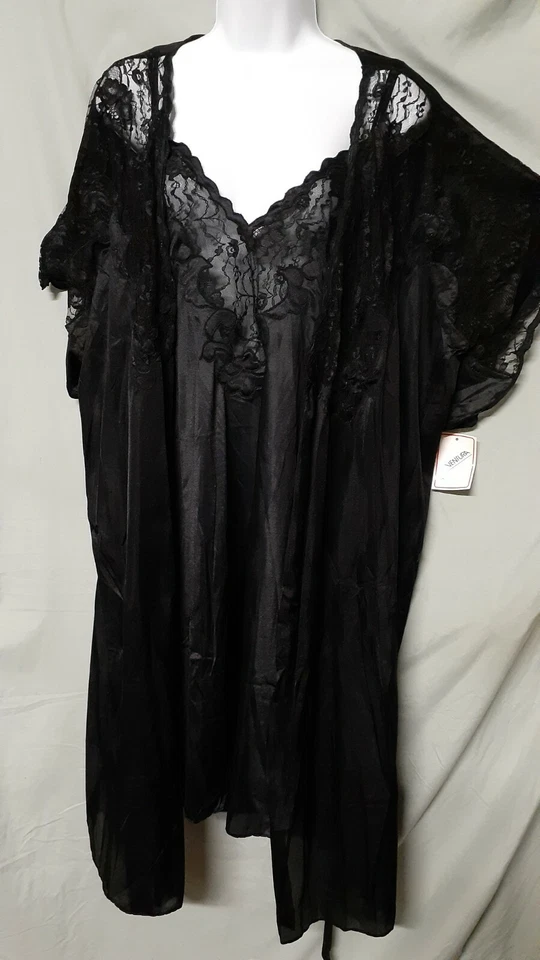 Ventura Black Nightgown Robe Set Knee Cap Sleeve Sexy Nylon Plus 3X 52"  Bust   - Image 4 of 4