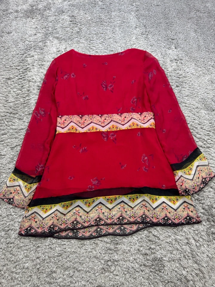 Top ECI New York Mujer Pequeño Rojo Seda Floral Artístico Boho Lagenlook Coqueta Túnica Foto 2 de 4