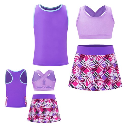 Kids Girls Sport Outfits Tennis Baseball Activewear Cropped Tank Top with Skirts - Picture 28 of 45