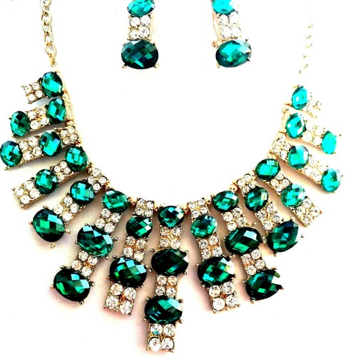 Parure De Bijou Strass Vert Et Blanc Sur Métal Argenté - Chaîne Sécurité Réglable - Neuf Avec étiquettes