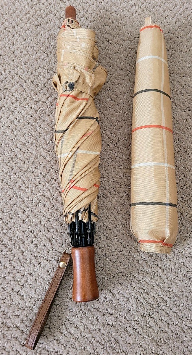 AUTH BURBERRY VINTAGE STRIPED NYLON FOLDING UMBRELLA WOODEN