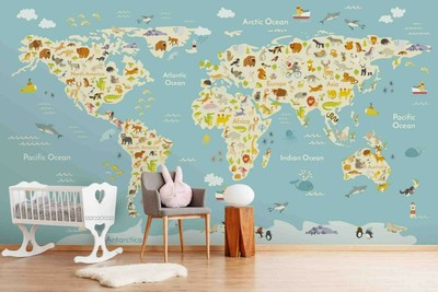 3D Cartoon World Map Wallpaper Wall Mural Removable Self-adhesive 79