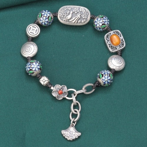 A22 Armband mit Vogel gelbem Bernstein Blüten auf Silberperlen Silber 925 - Bild 6 von 9