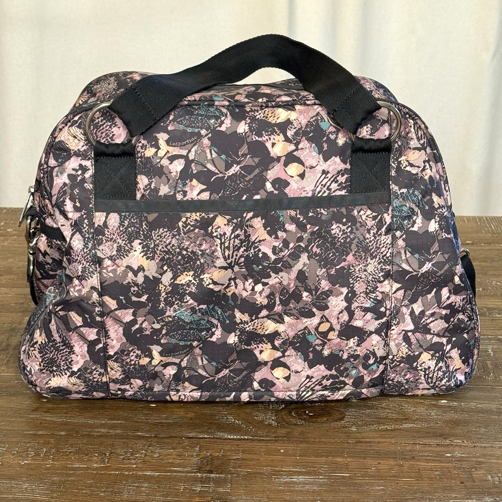 LeSportsac Duffle Bag Pink Black Floral Large Weekender Overnight Travel Tote